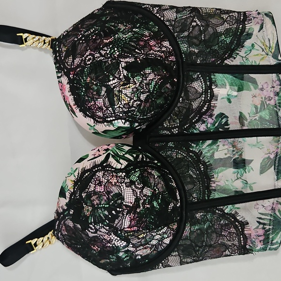 Victoria's Secret Other - Victoria’s Secret Floral With Black Lace Push Up Padded Bustier Bra - Size 32DD